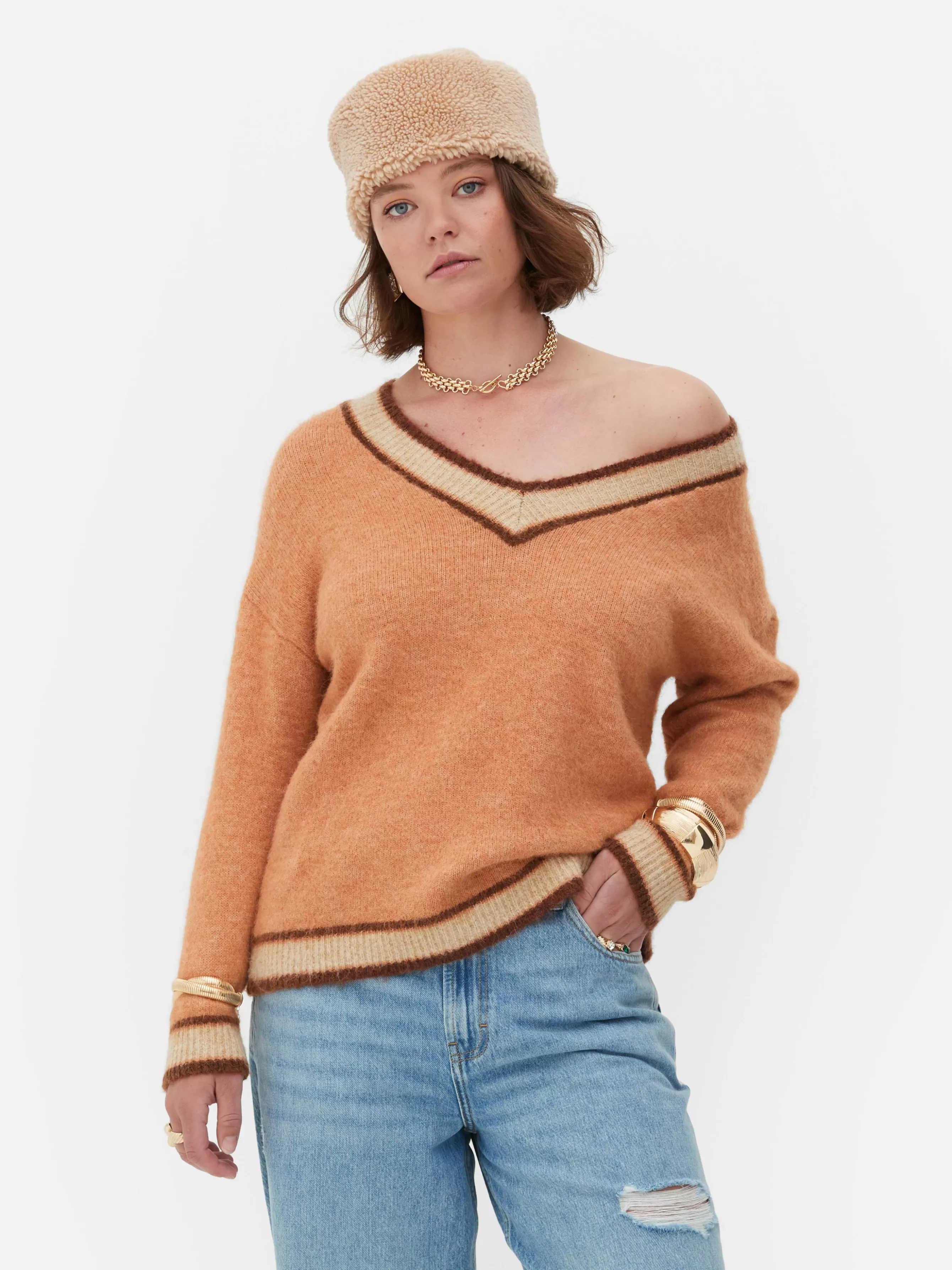 MULHER Primark Camisola Malha Decote V Estilo Vintage Rita Ora