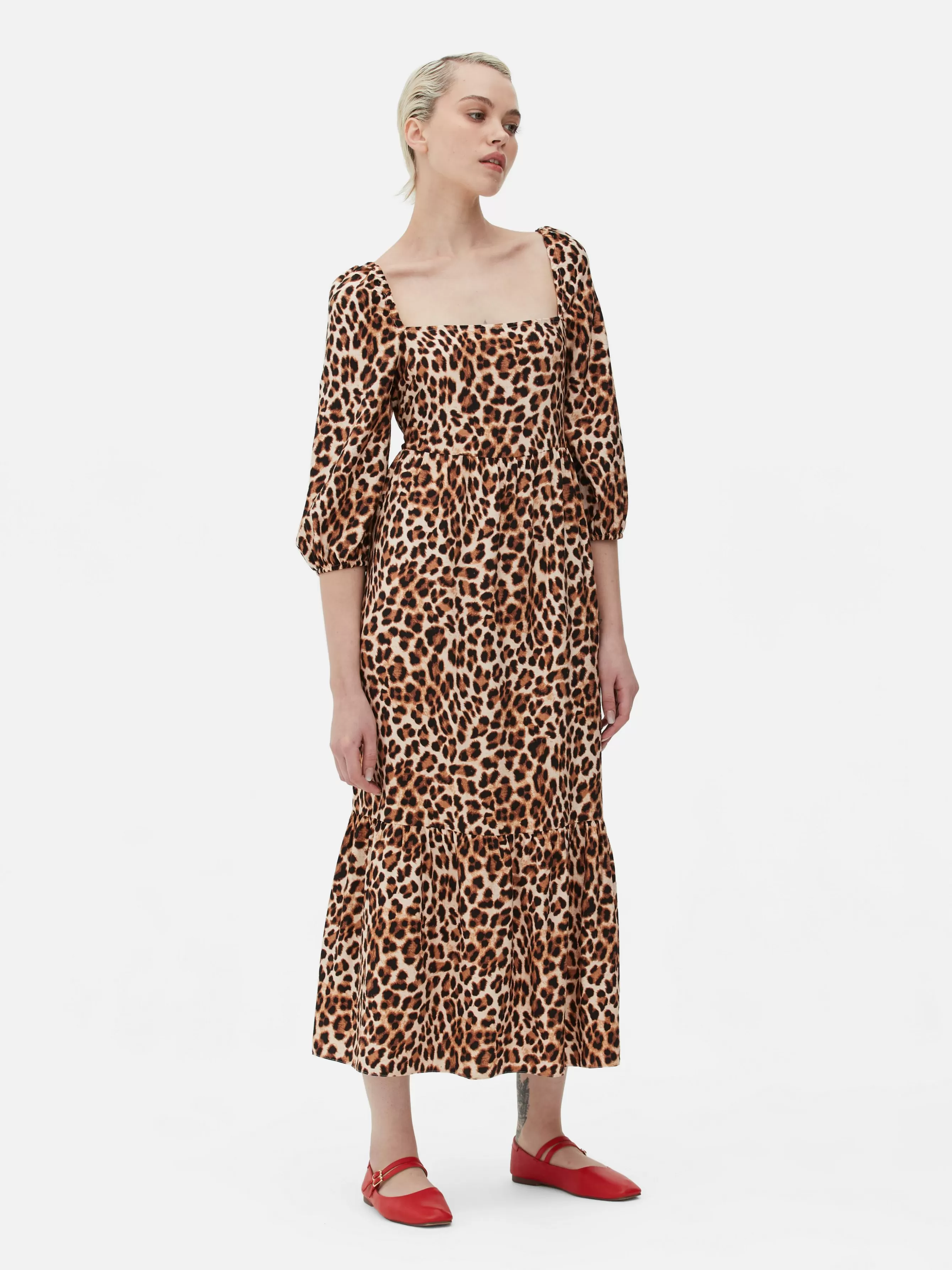 MULHER Primark Vestido Midi Decote Quadrado Leopardo